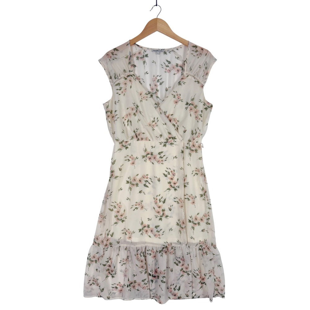 Charlotte Russe Faux Wrap Dress Womens Large Cream Floral Ruffle Hem Chiffon